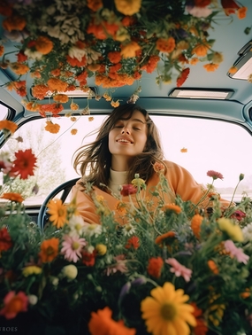 欧美汽车鲜花美女写真图片